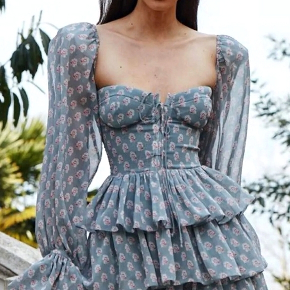 Floral Lace Up Corset Style Tiered Skirt Mini Dress with Fluted Sleeve - Picture 14 of 15